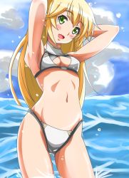 Rule 34 | 1girl, armpits, arms behind head, arms up, bikini, blazblue, blonde hair, blue sky, blush, breasts, center opening, green eyes, highres, long hair, nagishy, navel, noel vermillion, ocean, open mouth, sky, small breasts, smile, solo, swimsuit, water