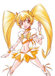 Rule 34 | 10s, 1girl, blonde hair, boots, bow, brooch, cpro, cure sunshine, heart, heart brooch, heartcatch precure!, knee boots, long hair, magical girl, midriff, myoudouin itsuki, navel, open mouth, orange skirt, orange theme, precure, skirt, solo, twintails, white background, wrist cuffs, yellow bow, yellow eyes