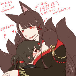 Rule 34 | 2girls, akagi (azur lane), akagi (plum and snow) (azur lane), animal ears, arrow (symbol), azur lane, black hair, blush, breast smother, brown eyes, brown hair, commentary request, dated, face to breasts, female commander (azur lane), folded ponytail, fox ears, fox tail, hair ornament, hairclip, jewelry, long hair, long sleeves, looking down, multiple girls, multiple tails, open mouth, ornate ring, red eyes, ring, samusio, sweat, tail, translation request, twitter username, wedding ring, white background, yuri