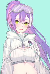 Rule 34 | 1girl, absurdres, breasts, cleavage cutout, clothing cutout, colored inner hair, demon girl, ear piercing, goggles, goggles on head, green background, green eyes, highres, hitozche, hololive, long hair, long sleeves, looking at viewer, medium breasts, multicolored hair, navel, official alternate costume, open mouth, piercing, pink hair, pointy ears, ponytail, purple hair, solo, streaked hair, tokoyami towa, tokoyami towa (5th costume), virtual youtuber, white hair