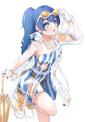 Rule 34 | 1girl, :o, absurdres, ameagari street (love live!), armpit crease, blue dress, blue eyes, blue hair, boots, breasts, closed umbrella, collarbone, dark blue hair, dress, eyewear on head, foot out of frame, gloves, highres, holding, holding umbrella, leg up, link! like! love live!, long hair, long sleeves, looking up, love live!, medium breasts, multicolored clothes, multicolored dress, murano sayaka, official alternate costume, open mouth, orange-tinted eyewear, orange dress, orange footwear, orange umbrella, ponytail, short dress, simple background, sleeveless, sleeveless dress, solo, standing, striped clothes, striped dress, sunglasses, tinted eyewear, tomoe (tomoe 200), transparent raincoat, two-tone umbrella, umbrella, white-framed eyewear, white background, white dress, white gloves, white umbrella