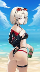 Rule 34 | 1girl, ass, beach, bikini, black bikini, black jacket, breasts, closed mouth, cropped jacket, day, drake (nikke), eyewear on head, from behind, frown, goddess of victory: nikke, holding, jacket, looking at viewer, looking back, medium breasts, ocean, outdoors, red eyes, sand, short hair, solo, sunglasses, swimsuit, syde b, thigh strap, water, white hair