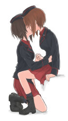 Rule 34 | 2girls, ankle boots, black footwear, black headwear, black jacket, black legwear, boots, brown hair, closed eyes, commentary, dress shirt, from side, garrison cap, girls und panzer, hand on another&#039;s waist, hat, holding hands, incest, insignia, interlocked fingers, jacket, kiss, kneeling, kuromorimine military uniform, long sleeves, military, military hat, military uniform, miniskirt, multiple girls, mutsu (layergreen), nishizumi maho, nishizumi miho, pleated skirt, red shirt, red skirt, shirt, short hair, siblings, simple background, sisters, sitting, skirt, socks, uniform, white background, wing collar, yuri