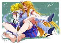 Rule 34 | 2girls, arm warmers, barefoot, black footwear, black skirt, blonde hair, blue skirt, blush, breasts, brown shirt, chain, commentary request, eichi yuu, full body, green eyes, half updo, horns, hoshiguma yuugi, hug, impossible clothes, impossible shirt, large breasts, long hair, looking at another, mizuhashi parsee, multiple girls, open mouth, pointy ears, red eyes, red horns, red skirt, sash, scarf, shirt, shoes, short hair, short sleeves, single horn, sitting, sitting on lap, sitting on person, skirt, smile, socks, soles, star (symbol), striped clothes, striped skirt, t-shirt, toes, touhou, very long hair, white sash, white scarf, white shirt, white socks, yuri