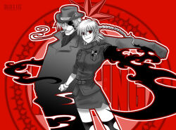 Rule 34 | 1boy, 1girl, amputee, artist name, bandaid, bandaid on face, bandaid on nose, braid, breasts, cigarette, clenched hand, coat, eyepatch, greyscale with colored background, grin, hand in pocket, hat, hellsing, large breasts, long hair, medium hair, miniskirt, outstretched arm, pip bernardotte, seras victoria, single braid, skirt, smile, smoking, spot color, toshimichi yukari, watermark, web address