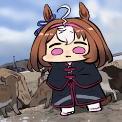 Rule 34 | 1girl, :3, adapted costume, ahoge, brown hair, chibi, coat, commentary, cosplay, goat, hairband, horse girl, horse tail, jazz jack, lowres, meisho doto (racehorse), meisho doto (racehorse) (cosplay), meisho doto (umamusume), multicolored hair, name connection, photo-referenced, pink eyes, pink hairband, real life, scene reference, short hair, tail, two-tone hair, umamusume, white hair