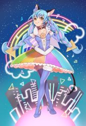 Rule 34 | 1girl, akaimo, animal ear fluff, animal ears, blue hair, boots, braid, brown eyes, cat ears, cat girl, cat tail, cure cosmo, full body, highres, long hair, multicolored hair, pink hair, precure, sky, standing, star (sky), star twinkle precure, starry sky, tachi-e, tail, thigh boots, thighhighs, twin braids, very long hair