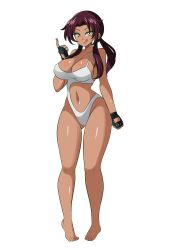 Rule 34 | 1girl, absurdres, bare legs, bare shoulders, barefoot, black lagoon, breasts, cleavage, curvy, dark-skinned female, dark skin, gloves, highres, large breasts, licking lips, long hair, looking at viewer, lucyfer, naughty face, one-piece swimsuit, revy (black lagoon), shiny skin, simple background, smile, solo, swimsuit, tongue, tongue out, white background, white one-piece swimsuit, yellow eyes