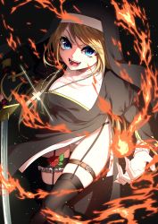Rule 34 | &gt;:d, 1girl, :d, absurdres, black thighhighs, blonde hair, blue eyes, cross, cross necklace, fire, flower, forute na, garter belt, habit, highres, holding, holding sword, holding weapon, jewelry, long hair, long sleeves, magic, necklace, nun, open mouth, original, panties, pantyshot, red flower, red rose, rose, skindentation, smile, solo, sword, thigh strap, thighhighs, underwear, v-shaped eyebrows, very long hair, weapon, white panties