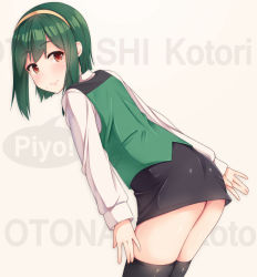 Rule 34 | 1girl, arms at sides, black skirt, black thighhighs, blush, character name, green hair, hairband, highres, idolmaster, idolmaster (classic), leaning forward, long sleeves, looking at viewer, looking back, microskirt, miniskirt, mole, mole under mouth, otonashi kotori, red eyes, short hair, shuuichi, simple background, skirt, smile, solo, speech bubble, text background, thighhighs, wrists extended