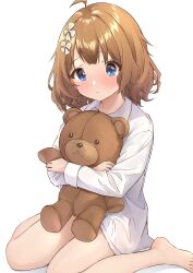 Rule 34 | 1girl, absurdres, ahoge, b1ack illust, barefoot, blue eyes, blush, brown hair, closed mouth, commentary, flower, hair flower, hair ornament, highres, holding, holding stuffed toy, idolmaster, idolmaster million live!, legs, long sleeves, looking at viewer, messy hair, shirt, short hair, sidelocks, sitting, solo, stuffed animal, stuffed toy, suou momoko, teddy bear, thighs, wariza, wavy hair, white background, white shirt