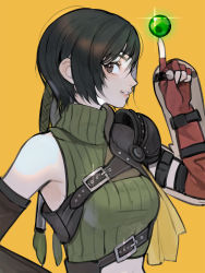 Rule 34 | 1girl, alpaca carlesi, arm guards, armor, brown eyes, crop top, detached sleeves, final fantasy, final fantasy vii, final fantasy vii remake, gloves, headband, highres, looking at viewer, materia, midriff, pauldrons, short hair, shoulder armor, smile, square enix, yellow background, yuffie kisaragi