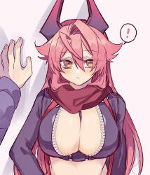 Rule 34 | !, 1boy, 1girl, absurdres, between breasts, blush, breasts, cleavage, closed mouth, commander (nikke), commentary request, cropped jacket, goddess of victory: nikke, hair between eyes, hair flaps, highres, horns, jacket, kabedon, large breasts, leather, leather jacket, long hair, long sleeves, looking at viewer, mechanical horns, miko (uuua12u), red hair, red hood (nikke), red scarf, scarf, shadow, sidelocks, simple background, solo focus, spoken exclamation mark, standing, strap between breasts, suspenders, unzipped, upper body, white background, yellow eyes