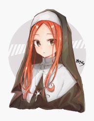 Rule 34 | 1girl, blush, brown dress, brown eyes, closed mouth, cross, dress, forehead, glint, grey background, habit, highres, latin cross, long hair, looking at viewer, nun, orange hair, original, parted bangs, signature, sofra, solo, traditional nun, two-tone background
