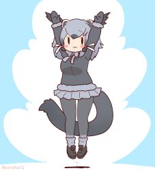 Rule 34 | 1girl, animal ears, arms up, binturong (kemono friends), binturong girl, blue background, blue hair, bow, bowtie, coroha, extra ears, full body, gloves, jacket, jumping, kemono friends, looking at viewer, pantyhose, ribbon, shoes, short hair, simple background, skirt, socks, solo, tail