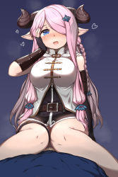 Rule 34 | 10s, 1boy, 1girl, blue eyes, blush, braid, breasts, commentary request, draph, fingerless gloves, girl on top, gloves, granblue fantasy, hair ornament, hair over one eye, hairclip, hand on own cheek, hand on own face, highres, horns, large breasts, narmaya (granblue fantasy), no pants, open mouth, pink hair, pointy ears, pussy juice, sakimori dan, single braid, sitting, sitting on person, skirt, smile