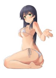 Rule 34 | 10s, 1girl, absurdres, agano (kancolle), alternate costume, ass, bad id, bad pixiv id, bare arms, bare back, bare legs, bare shoulders, bikini, black hair, blush, breasts, butt crack, commentary request, from side, full body, green eyes, hair over shoulder, happy, highres, kantai collection, long hair, looking at viewer, medium breasts, micro bikini, midriff, osananajimi neko, reaching, reaching towards viewer, revision, side-tie bikini bottom, simple background, sitting, skindentation, smile, soles, solo, stomach, swimsuit, thighs, toes, underboob, wariza, white background, white bikini