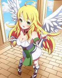 Rule 34 | 1girl, ahoge, angel wings, ankle lace-up, bad id, bad pixiv id, bare shoulders, blonde hair, blush, boots, breasts, choker, cleavage, cross-laced footwear, detached sleeves, dress, green eyes, hoshii miki, idolmaster, idolmaster (classic), kevin.g.tuck, long hair, open mouth, smile, solo, wings