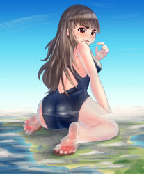 Rule 34 | 1girl, absurdres, ass, barefoot, blue skycloud, breasts, character request, competition swimsuit, destruction, from behind, full body, giant, giantess, grin, highres, huge giantess, idolmaster, idolmaster cinderella girls, kneeling, landscape, lodain, long hair, looking at viewer, looking back, one-piece swimsuit, open mouth, outdoors, red eyes, sitting, sky, smile, soles, solo, source request, swimsuit, toes, wariza