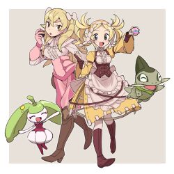 Rule 34 | 2girls, axew, blonde hair, boots, breasts, closed mouth, creatures (company), do m kaeru, dress, drill hair, fire emblem, fire emblem awakening, game freak, gen 5 pokemon, gen 7 pokemon, high heel boots, high heels, holding, holding poke ball, lissa (fire emblem), looking at viewer, maribelle (fire emblem), multiple girls, nintendo, open mouth, parted lips, poke ball, pokemon, small breasts, smile, steenee, twintails, yellow dress