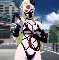 Rule 34 | 1girl, bare shoulders, black sclera, blonde hair, bondage outfit, breasts, cleavage, collar, colored sclera, curvy, facial mark, flower, forehead mark, gloves, hair ornament, heart, heart o-ring, heart ring top, highres, kaijin hime do-s, large breasts, long hair, mask, navel, o-ring, one-punch man, red eyes, revealing clothes, screencap, sky, spiked collar, spikes, stitched, third-party edit, whip, wide hips