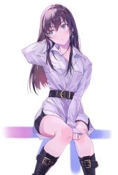 Rule 34 | 1girl, belt, boots, brown hair, cross-laced footwear, earrings, idolmaster, inzup, jewelry, knees together feet apart, lace-up boots, long hair, pale skin, shibuya rin, shorts, sitting, solo