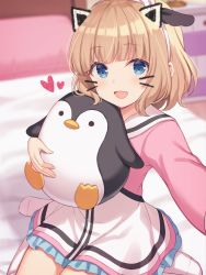 Rule 34 | 1girl, :d, animal ears, bed, bedroom, blonde hair, blue eyes, blurry, blurry background, blush, collared dress, commentary request, depth of field, hugging doll, drawer, drawn ears, drawn whiskers, dress, fake animal ears, fake whiskers, hairband, heart, highres, indie virtual youtuber, indoors, kneehighs, long sleeves, no shoes, hugging object, on bed, open mouth, pillow, pink dress, reaching, reaching towards viewer, selfie, shiratori kurumi, shiromikan, short hair, sidelocks, sitting, smile, socks, solo, stuffed animal, stuffed penguin, stuffed toy, virtual youtuber, wariza, white socks
