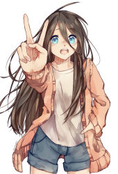 Rule 34 | 1girl, absurdres, ahoge, artist name, blue eyes, blue shorts, blush, brown hair, commentary, denim, denim shorts, english commentary, hair between eyes, highres, jacket, k1ruse, long hair, long sleeves, looking at viewer, open clothes, open jacket, open mouth, original, pink jacket, round teeth, shirt, shorts, simple background, teeth, tongue, v, white background, white shirt