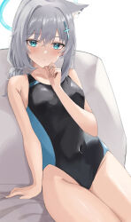 Rule 34 | 1girl, absurdres, animal ear fluff, animal ears, bare arms, bare legs, bare shoulders, black one-piece swimsuit, blue archive, blue eyes, blue halo, blush, closed mouth, competition swimsuit, cross hair ornament, extra ears, grey hair, hair between eyes, hair ornament, halo, highres, medium hair, nohohon neko, official alternate costume, one-piece swimsuit, shiroko (blue archive), shiroko (swimsuit) (blue archive), solo, swimsuit, wolf ears