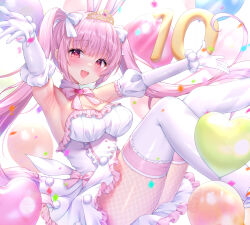 Rule 34 | 1girl, :d, animal ears, armpits, balloon, bow, breasts, cleavage, commentary request, confetti, dress, elbow gloves, feet out of frame, fishnet pantyhose, fishnets, frilled dress, frills, gloves, heart, heart balloon, highres, knee up, leg up, looking at viewer, medium breasts, open mouth, original, pantyhose, pink bow, pink hair, rabbit ears, red eyes, smile, solo, strapless, strapless dress, thighhighs, thighhighs over pantyhose, tiara, twintails, white dress, white gloves, white thighhighs, yuyuko (yuyucocco)