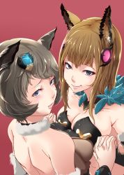 Rule 34 | 10s, 2girls, animal ears, backless outfit, blonde hair, blue eyes, blush, breast press, breasts, brown eyes, brown hair, cleavage, endou (zettai bluenoid), erune, from above, fur trim, granblue fantasy, hair ornament, holding hands, highres, lips, long hair, looking at viewer, medium breasts, metera (granblue fantasy), mole, mole under mouth, multiple girls, short hair, siblings, sideboob, simple background, sisters, sutera (granblue fantasy), symmetrical docking, tongue, tongue out, twintails, upper body, wavy hair, yuri
