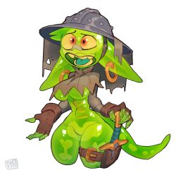 Rule 34 | 1girl, bandaid, bandaid on face, bone, breasts, colored skin, earrings, female goblin, forest box, goblin, green skin, helmet, highres, jewelry, original, pointy ears, see-through, see-through body, shortstack, slime (substance), sword, tail, thigh sheath, underboob, weapon