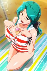 Rule 34 | 1girl, aqua eyes, aqua hair, between breasts, blanket, breasts, cleavage, covered erect nipples, from above, large breasts, lens flare, lipstick, long hair, low ponytail, makeup, mature female, non-web source, official art, open mouth, photoshop (medium), randou serika, red lips, ribbon, rimless eyewear, round eyewear, shiny skin, solo, super real mahjong, tanaka ryou, wrist ribbon
