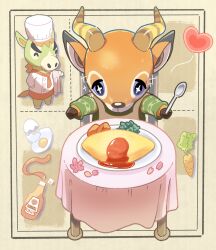 Rule 34 | + +, 2boys, ^ ^, animal crossing, apron, ascot, beau (animal crossing), blue eyes, brown background, brown horns, buck (animal crossing), carrot, chair, chef hat, closed eyes, commentary request, deer boy, egg (food), eggshell, flower, food, furry, furry male, green sweater, hat, heart, highres, holding, holding spoon, horns, horse boy, jacket, ketchup, ketchup bottle, kopa nishikida, long sleeves, male focus, multiple boys, nintendo, omelet, omurice, petals, pink flower, plate, red apron, red ascot, simple background, sitting, sparkle, spoon, sweater, table, tablecloth, thick eyebrows, white headwear, white jacket