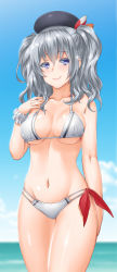 Rule 34 | 10s, 1girl, alternate costume, arm at side, beret, bikini, blue eyes, blue sky, blurry, blurry background, blush, breasts, closed mouth, collarbone, cowboy shot, day, eyebrows, grey hair, hair between eyes, hat, henshako, highres, kantai collection, kashima (kancolle), long hair, looking at viewer, medium breasts, multi-strapped bikini bottom, ocean, outdoors, pink lips, red ribbon, ribbon, scrunchie, sky, smile, solo, string bikini, striped, swimsuit, twintails, white bikini, wrist scrunchie