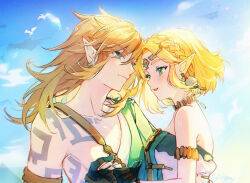 Rule 34 | 1boy, 1girl, archaic set (zelda), armpit peek, bare shoulders, blonde hair, blue eyes, blue sky, blush, body markings, braid, breasts, cat princess, closed mouth, cloud, collarbone, commentary request, crown braid, day, dress, ear piercing, earrings, english text, forehead jewel, from side, gloves, green eyes, green gloves, gun sling, holding hands, jewelry, link, long hair, looking at another, necklace, nintendo, open mouth, outdoors, piercing, pointy ears, princess zelda, short hair, sidelocks, sky, small breasts, smile, strapless, strapless dress, swept bangs, tassel, teeth, the legend of zelda, the legend of zelda: tears of the kingdom, toga, upper body, upper teeth only, viewfinder, white dress