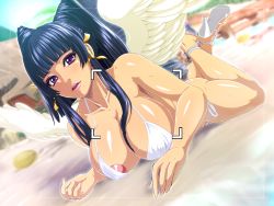 Rule 34 | 1girl, areola slip, bare arms, bare legs, bare shoulders, bikini, blue hair, blunt bangs, breasts, dead or alive, dead or alive 5, feathered wings, high heels, large breasts, legs, long hair, looking at viewer, lying, makeup, mole, mole under mouth, nyotengu, on stomach, outdoors, parted lips, purple eyes, raburebo, solo, sweat, swimsuit, thighs, white bikini, white wings, wings