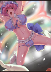 Rule 34 | 1girl, adapted costume, bikini, boots, breasts, cleavage, falling, floral print, front-tie top, hat, large breasts, navel, open mouth, pink eyes, pink hair, pov, saigyouji yuyuko, short hair, skindentation, solo focus, suikamaru, swimsuit, touhou, triangular headpiece, wrestling, wrestling outfit