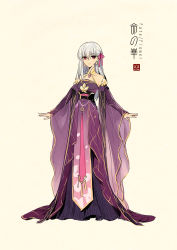 Rule 34 | 1girl, bare shoulders, beige background, breasts, chinese clothes, closed mouth, detached sleeves, dress, earrings, fate (series), frown, full body, gem, hair ribbon, halter dress, halterneck, hanfu, highres, jewelry, kama (fate), layered sleeves, long hair, long sleeves, looking at viewer, medium breasts, o-ring, outstretched arms, pendant, purple dress, red eyes, ribbon, robe, sash, simple background, small breasts, solo, standing, tassel, white hair, wide sleeves, zerocastle
