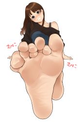 Rule 34 | 1girl, absurdres, bare shoulders, barefoot, blue eyes, blush, brown hair, feet, foot focus, foreshortening, grin, highres, long hair, looking at viewer, original, rg (gumin), simple background, sitting, smile, soles, solo, toes, white background
