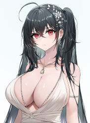 Rule 34 | 1girl, absurdres, aer7o, ahoge, arm strap, azur lane, bare shoulders, black hair, breasts, cleavage, closed mouth, collarbone, dress, earrings, hair between eyes, hair strand, highres, jewelry, large breasts, long hair, looking at viewer, messy hair, necklace, official alternate costume, red eyes, side ponytail, sideboob, sleeveless, solo, taihou (azur lane), taihou (temptation on the sea breeze) (azur lane), upper body, white background, white dress