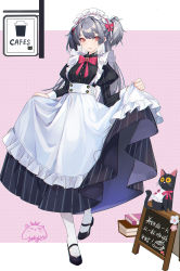 Rule 34 | 1girl, :d, absurdres, animal, apron, black cat, black dress, black footwear, book, breasts, cat, commentary request, dress, frilled apron, frills, full body, grey hair, highres, jiujiuyatou (yayanzz), juliet sleeves, long sleeves, looking at viewer, maid, medium breasts, menu board, one side up, open mouth, original, pantyhose, pink background, puffy sleeves, red eyes, shoes, signature, skirt hold, smile, solo, standing, striped clothes, striped dress, two-tone background, vertical-striped clothes, vertical-striped dress, white apron, white background, white pantyhose