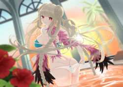 Rule 34 | 1girl, absurdres, ass, azur lane, backless panties, bikini, blonde hair, blue bikini, braid, braided bun, breasts, clothes pull, double bun, dutch angle, feather boa, flower, formidable (azur lane), formidable (the lady of the beach) (azur lane), from behind, hair bun, highres, large breasts, long hair, looking at viewer, looking back, multi-strapped bikini bottom, multi-strapped bikini top, official alternate costume, one-piece swimsuit pull, panties, pulling own clothes, red eyes, red flower, skindentation, solo, standing, sunset, swimsuit, tsuri pi, twin braids, underwear, very long hair, wading, water