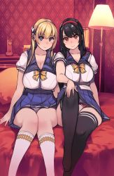 Rule 34 | 2girls, black hair, black legwear, blonde hair, blue eyes, blue sailor collar, blue skirt, bow, bowtie, closed mouth, hairband, hand on own knee, high-waist skirt, highres, indoors, knee up, long hair, looking at viewer, lotion bottle, mariana princilla, mil (xration), miniskirt, multiple girls, on bed, panties, pantyshot, pleated skirt, reco love, reco love gold beach, red background, red eyes, red hairband, sailor collar, school uniform, serafuku, shirt, shoulder-to-shoulder, sitting, skirt, smile, socks, take your pick, thighhighs, tissue box, underwear, white legwear, white shirt, yellow bow, yellow bowtie, yuina (reco love)