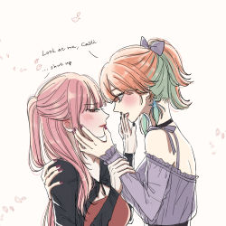 Rule 34 | 2girls, alternate hairstyle, blush, choker, couple, earrings, english text, feather earrings, feathers, gradient hair, height difference, hololive, hololive english, jewelry, looking at another, mori calliope, multicolored hair, multiple girls, orange hair, pink hair, ponytail, sein 025, takanashi kiara, tsundere, virtual youtuber, yuri