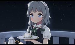 Rule 34 | 1girl, arm up, bad id, bad pixiv id, balcony, blue eyes, blue vest, blush, braid, cup, expressionless, green ribbon, hair ribbon, holding, holding tray, izayoi sakuya, letterboxed, light blush, looking to the side, maid headdress, neck ribbon, night, night sky, outdoors, poco (zdrq3), ribbon, shirt, short hair, silver hair, sky, solo, star (sky), starry sky, teacup, teapot, touhou, tray, tress ribbon, twin braids, upper body, vest, white shirt