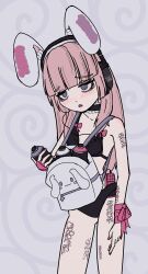 Rule 34 | @ @, absurdres, animal, arm tattoo, backpack, bag, bikini, blush, cellphone, choker, earphones, fingerless gloves, frills, gloves, highres, kerocore , multicolored nails, no pants, one glove, original, phone, pink hair, pink nails, pink ribbon, purple eyes, rabbit ears, ribbon, spray can, swimsuit, tattoo, tattoo on legs, triangle mouth, wrist ribbon
