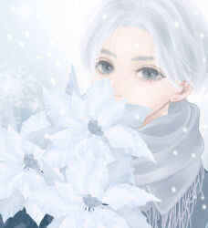 Rule 34 | 1boy, blue eyes, christmas, covered mouth, eyelashes, flower, flower over mouth, grey hair, grey scarf, highres, kogaayumi, looking at viewer, male focus, original, parted bangs, poinsettia, portrait, scarf, short hair, snowing, solo, white background, white theme, winter