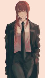 Rule 34 | 1girl, black coat, black necktie, black pants, braid, braided ponytail, breasts, chainsaw man, closed mouth, coat, collared shirt, commentary, cowboy shot, dress shirt, eyelashes, hair over shoulder, hand in pocket, highres, iduming111, lips, long hair, looking to the side, makima (chainsaw man), medium breasts, necktie, open clothes, open coat, orange eyes, pants, pink background, red hair, ringed eyes, shirt, shirt tucked in, sidelocks, signature, simple background, smile, solo, trench coat, twitter username, white shirt, wing collar