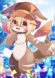 Rule 34 | :d, animal ear fluff, avita, blonde hair, blurry, blurry background, blush, brown eyes, cabbie hat, commentary request, commission, depth of field, ears through headwear, fang, feet out of frame, furry, hair between eyes, hand up, hat, indie virtual youtuber, kou hiyoyo, looking at viewer, open mouth, orange hat, orange wings, outstretched arm, skeb commission, smile, solo, virtual youtuber